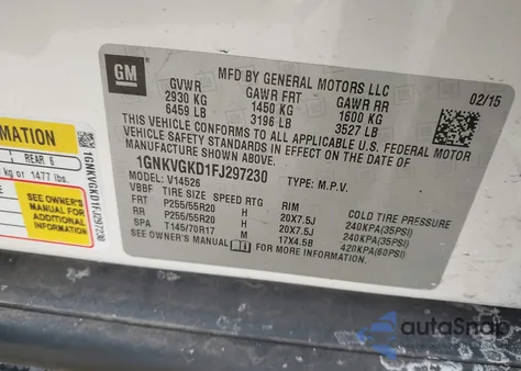 2015 Chevrolet Traverse 1Lt из США, поврежденный, VIN 1GNKVGKD1FJ297230